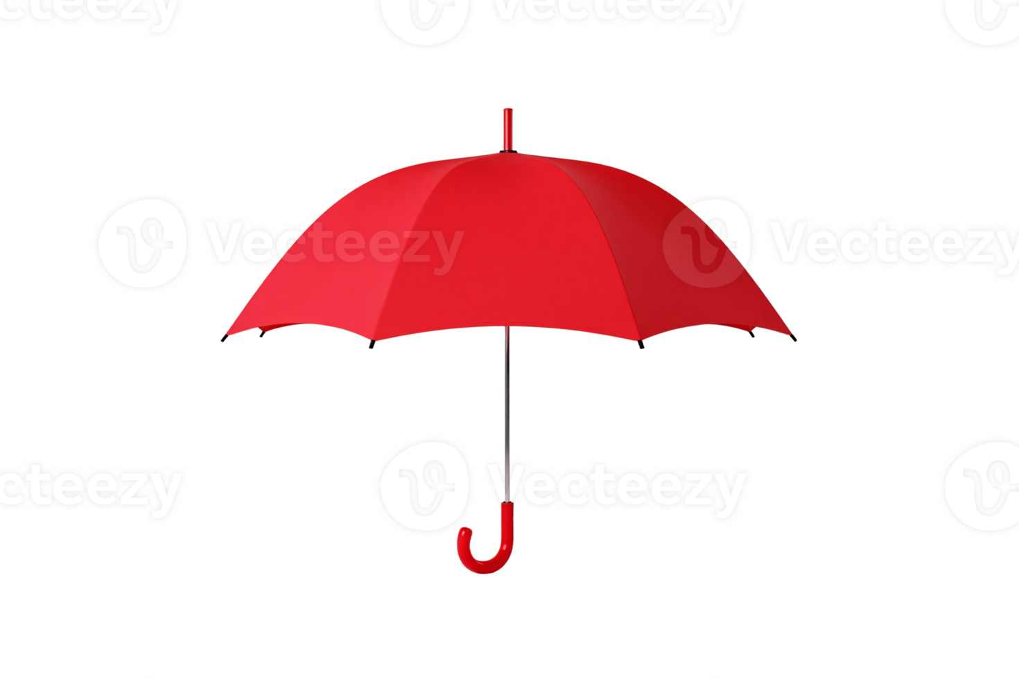 Red Umbrella Viewed from Above with Black Shaft and Red Curved Handle, Isolated on a Clear Transparent Background, Symbolizing Readiness for Rain, Compact Design, and Vibrant Color png