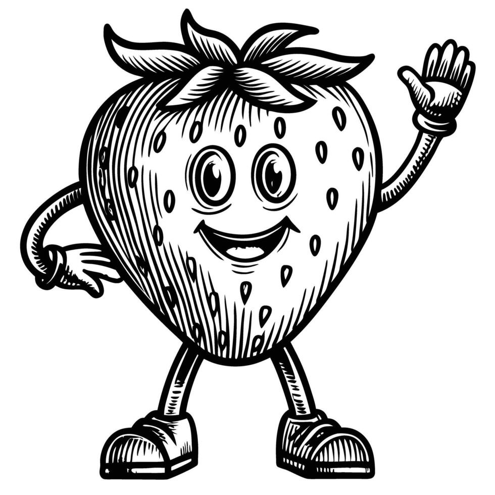 strawberry character waving hand drawn, cheerful berry mascot with expressive face, retro detail vector