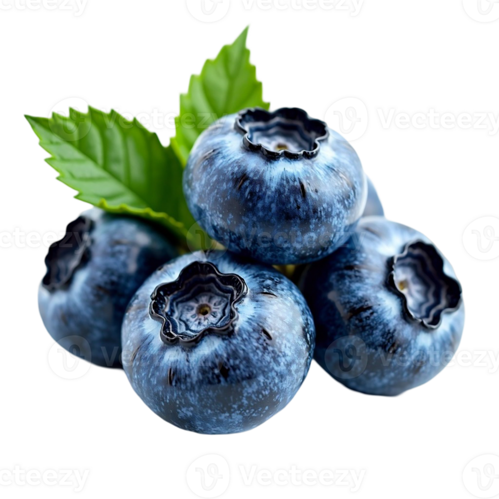 A cluster of vibrant blueberries is arranged with fresh green leaves, creating a vivid contrast cutouts png