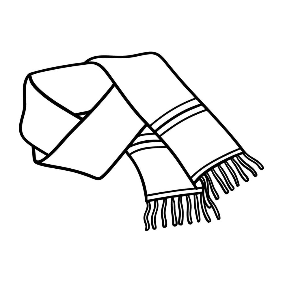 black and white outline of a folded scarf with tassels minimalist design, fashion accessory vector