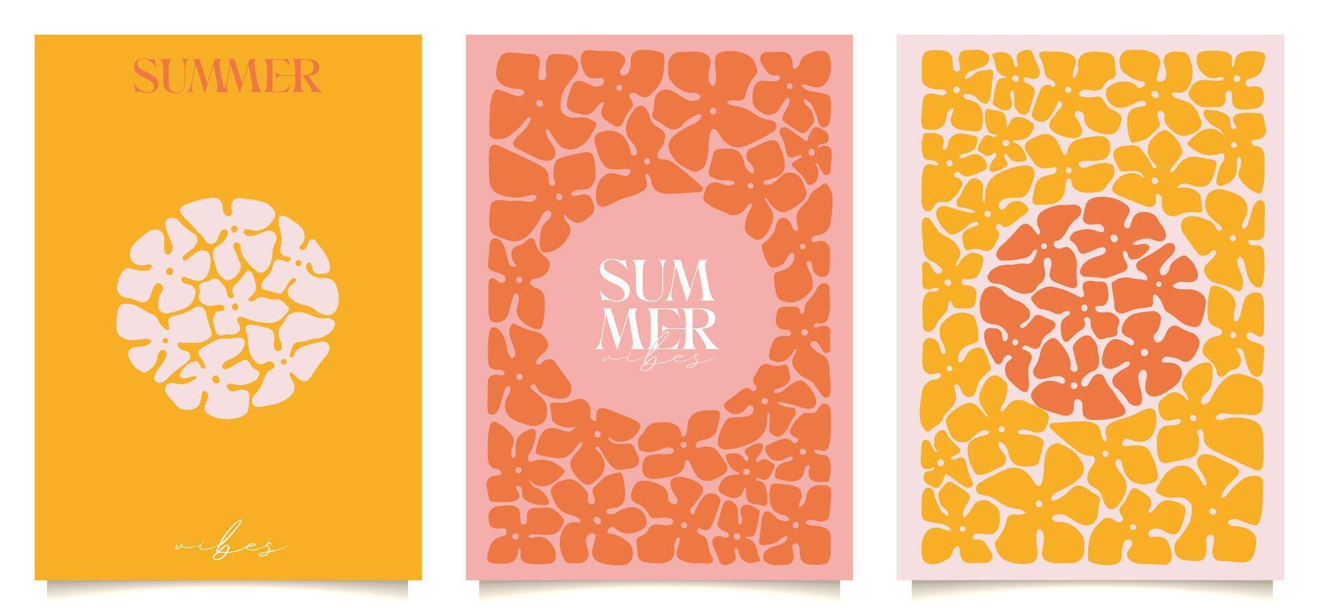 Trendy vintage floral posters set with flowers. Groovy Abstract art. Summer naive cards collection. Flat hand drawn illustration. vector
