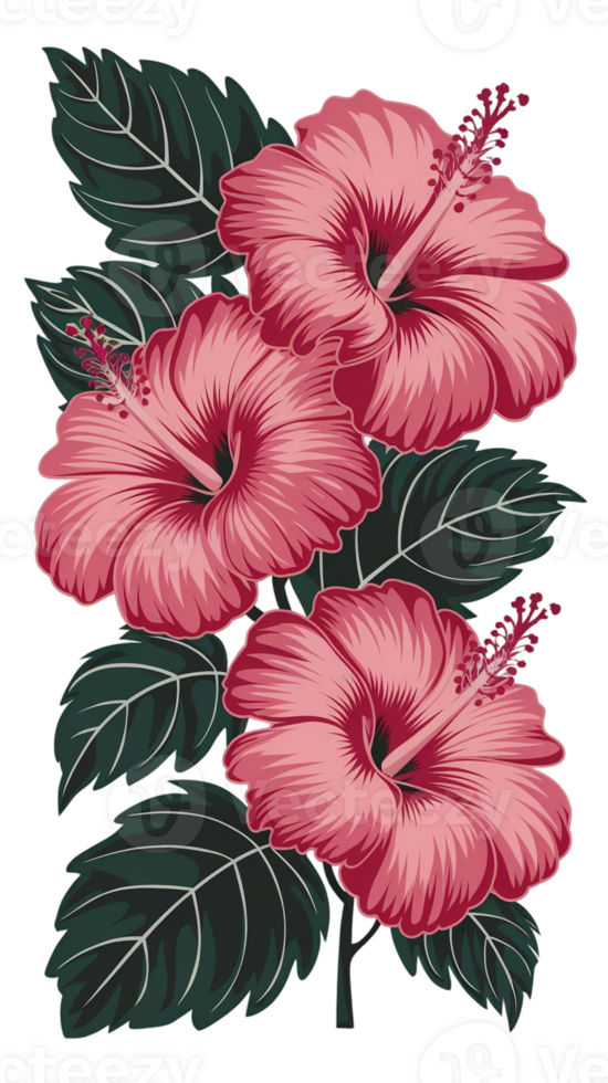 Three vibrant pink hibiscus flowers are arranged vertically, surrounded by lush green leaves png