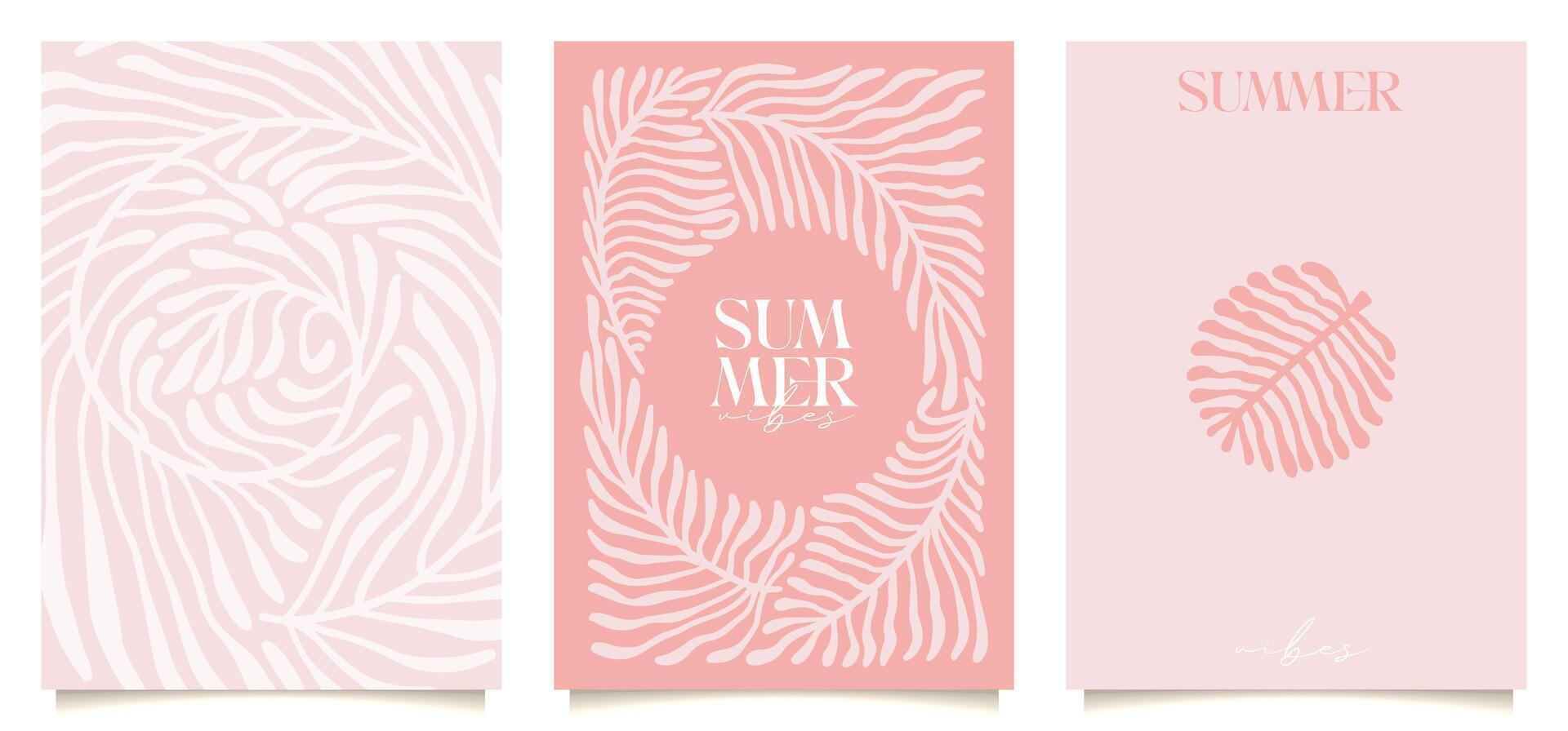 Minimalistic simple naive and hippie groovy style posters set - tropic plants, palm leaves design templates, frames and prints with copy space for text for covers, ad. boho illustration. vector
