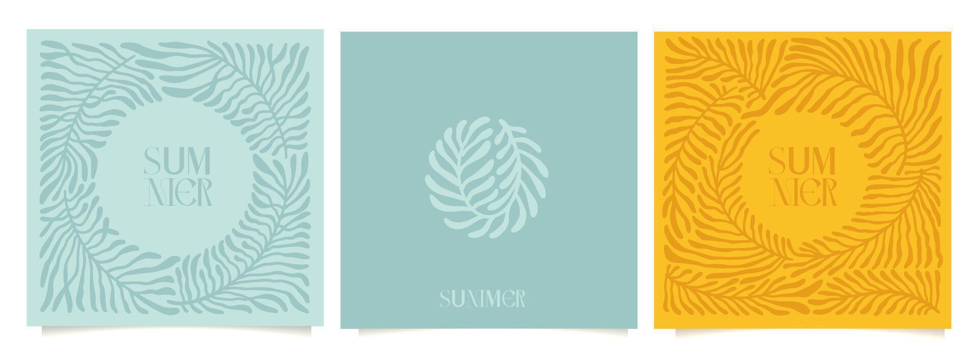 Retro groovy floral square summer cards in wavy and naive style. Organic shapes, monochrome palm leaves print for poster, social media or packaging. Botanic abstract flat illustration vector