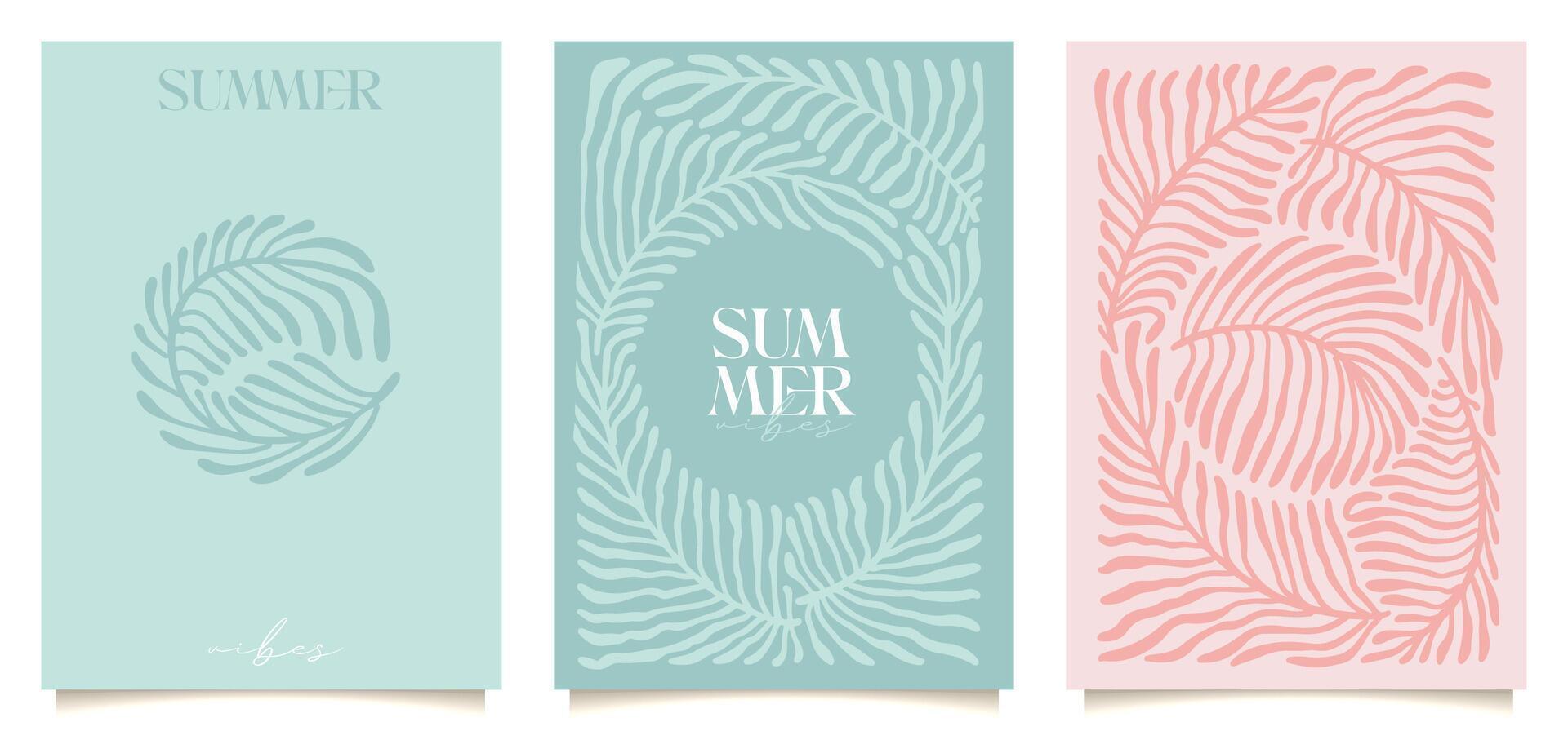 Retro groovy floral cards set in wavy and naive style. Organic shapes, vibrant palm leaves print for poster, social media or packaging. Botanic flat hand drawn illustration vector