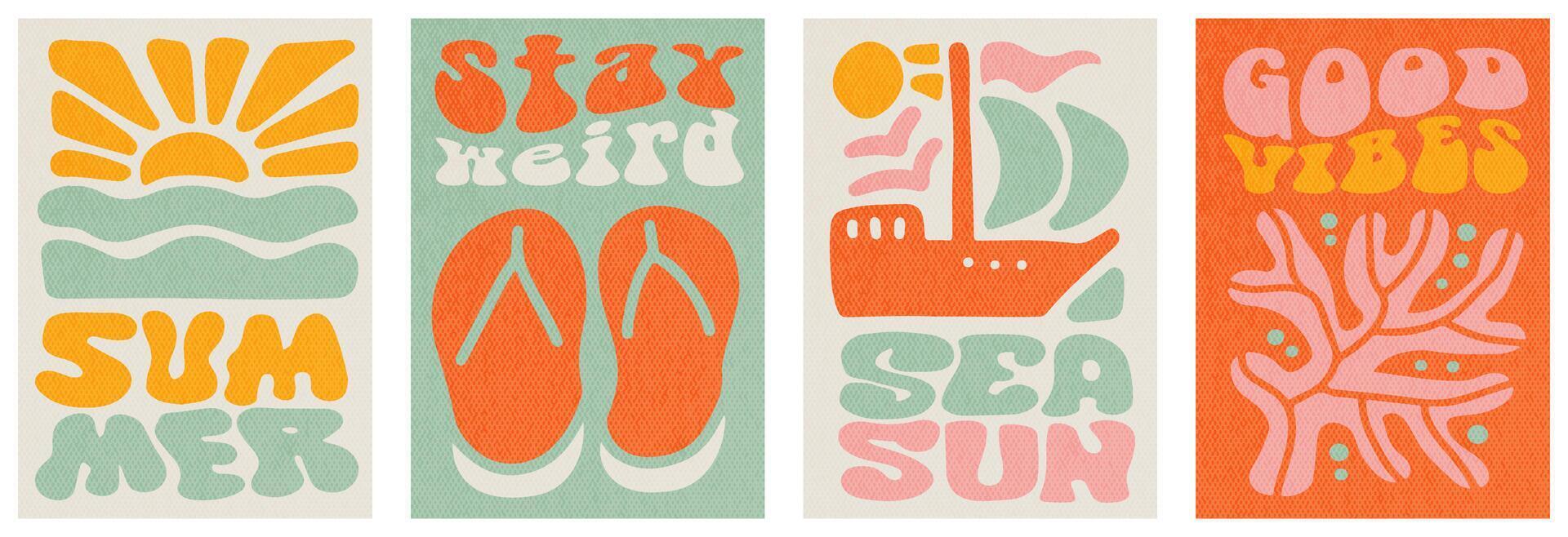 Trendy boho summer beach doodle retro drawing cards set. Hand drawn groovy geometric sun, sea, coral, ship. Flat textured abstract tropical posters in freehand retro hand drawn style. design vector