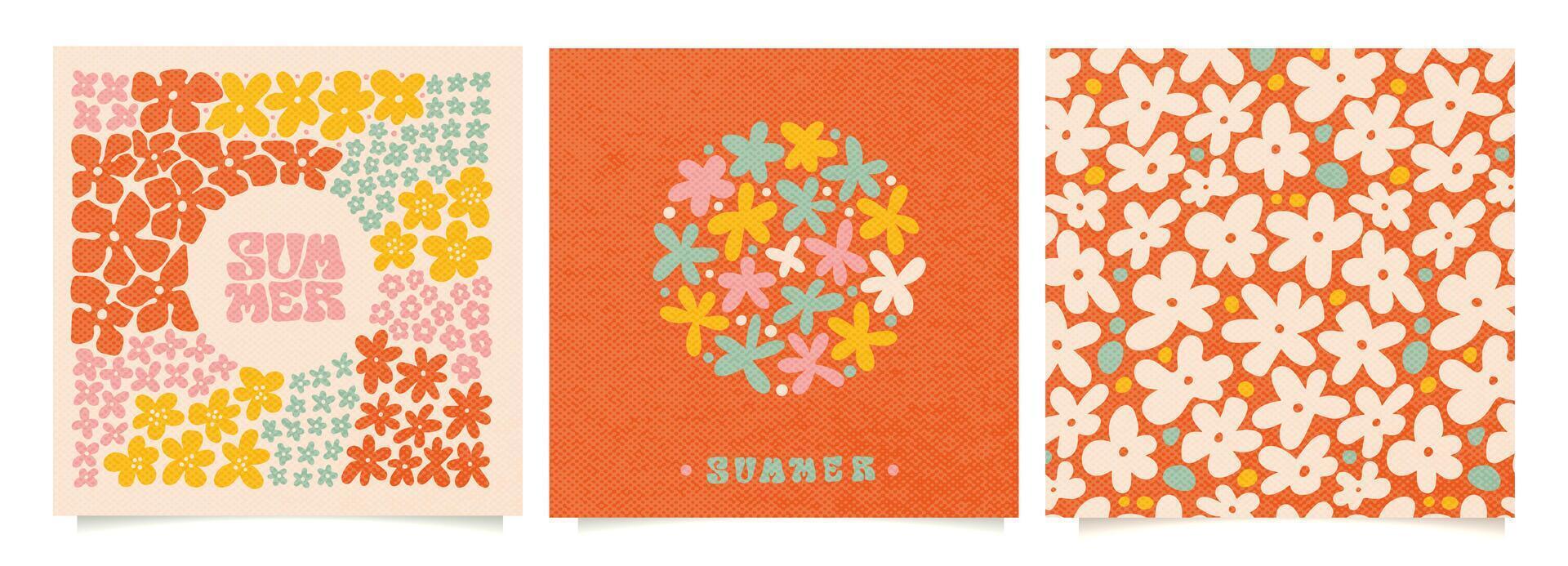Summer flower square cards set with vintage paper tecture. Different hand drawn flowers. Summer background, doodle drawing, pattern. Trendy covers collection. Flat style isolated illustration vector