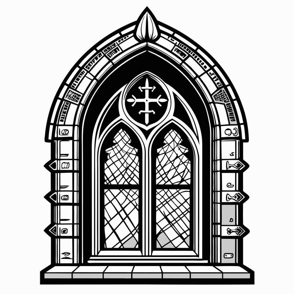 Gothic Cathedral Arch Window with Stained Glass Elements in Illustration vector