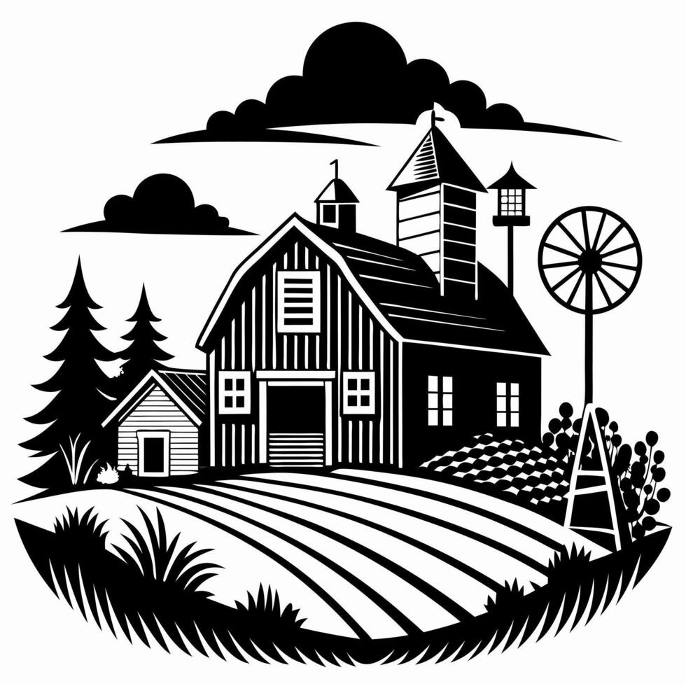 Vintage Farmhouse with Windmill and Barn in Rustic Countryside Landscape Illustration vector