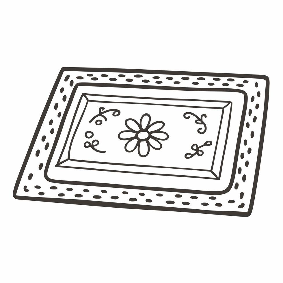 Hand Drawn Rectangular Floral Rug Illustration in Black and White Outline vector