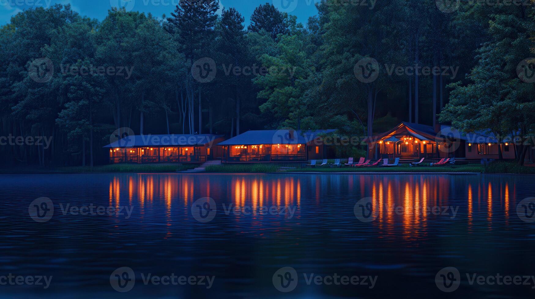 Illuminated Lakeside Cabins Nestled Within A Dark Forest photo