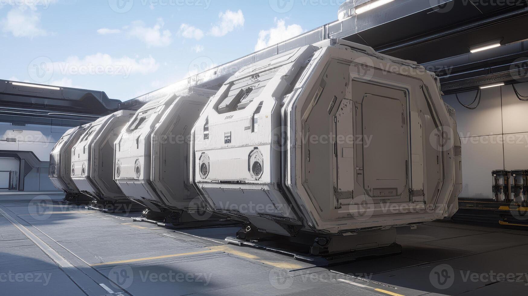 Futuristic Cargo Pods Aligned In A Spaceport Hangar photo