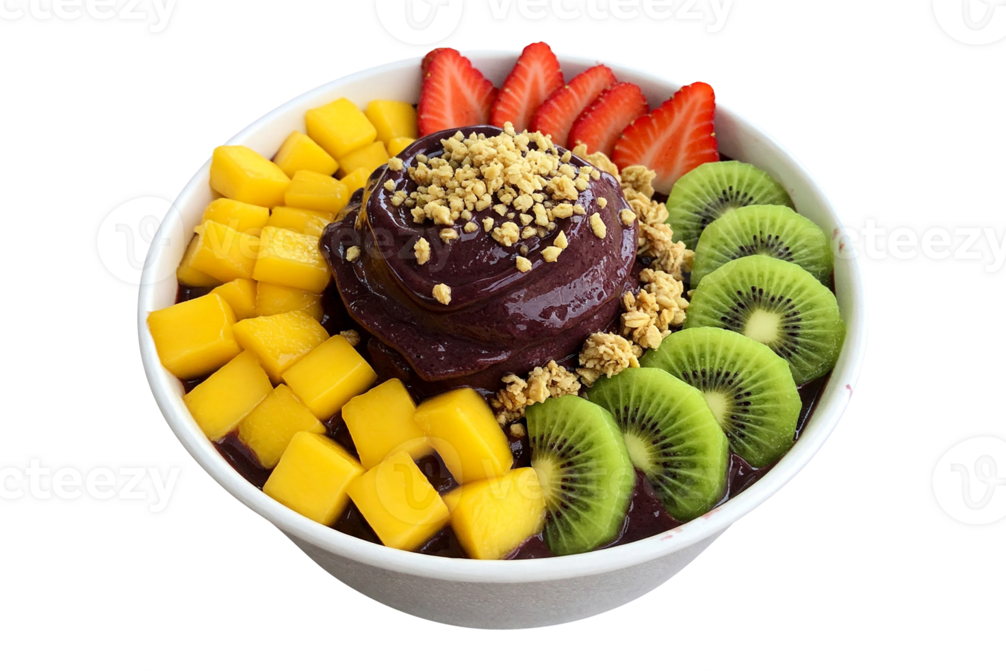 Colorful acai bowl with fresh mango kiwi strawberries and granola png