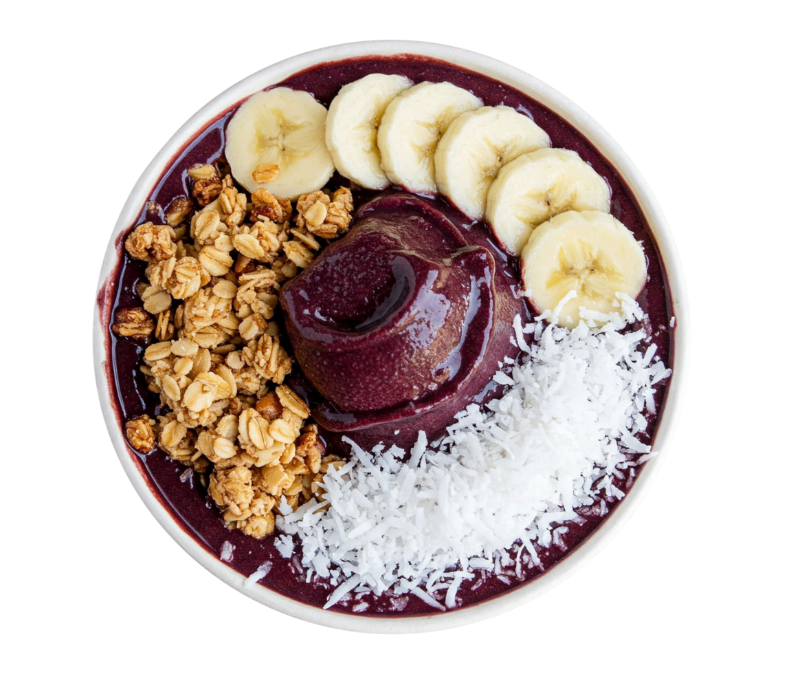 Delicious acai bowl topped with banana granola and shredded coconut png