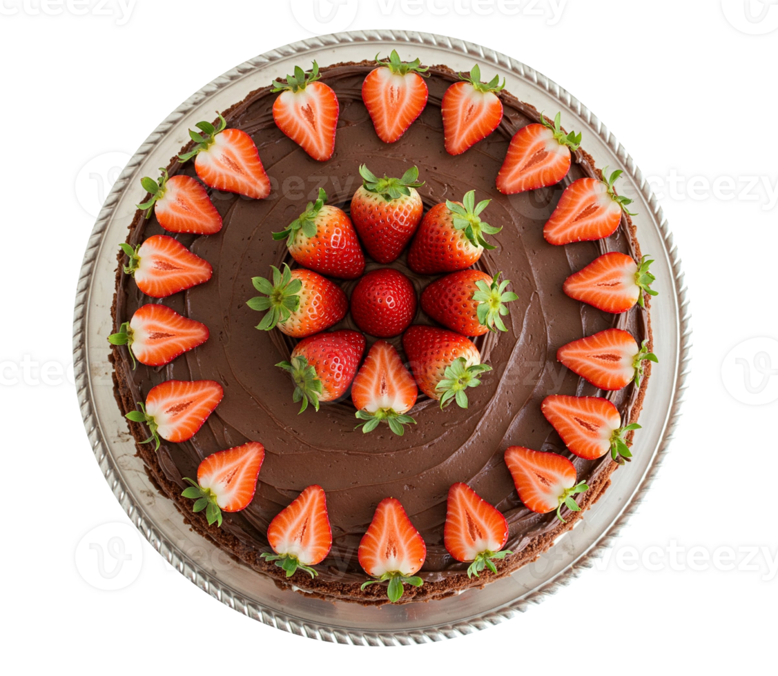 Chocolate cake topped with fresh strawberries on a silver platter top view png