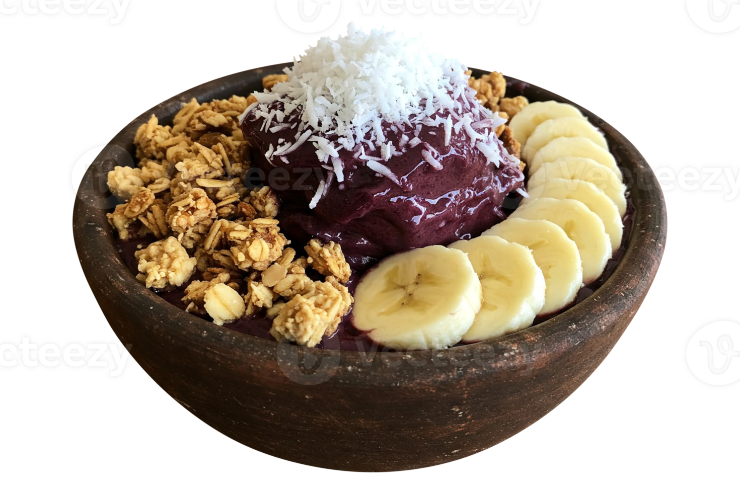 Delicious acai bowl with granola banana slices and shredded coconut in a rustic bowl png