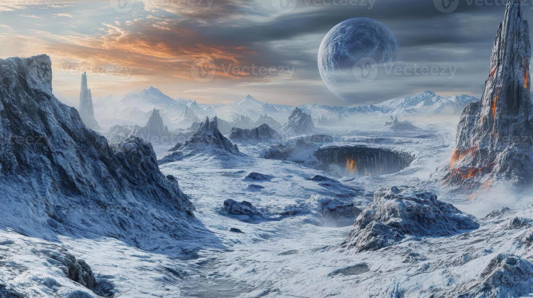 Frozen Alien Landscape With Volcanic Peaks And Distant Planet photo