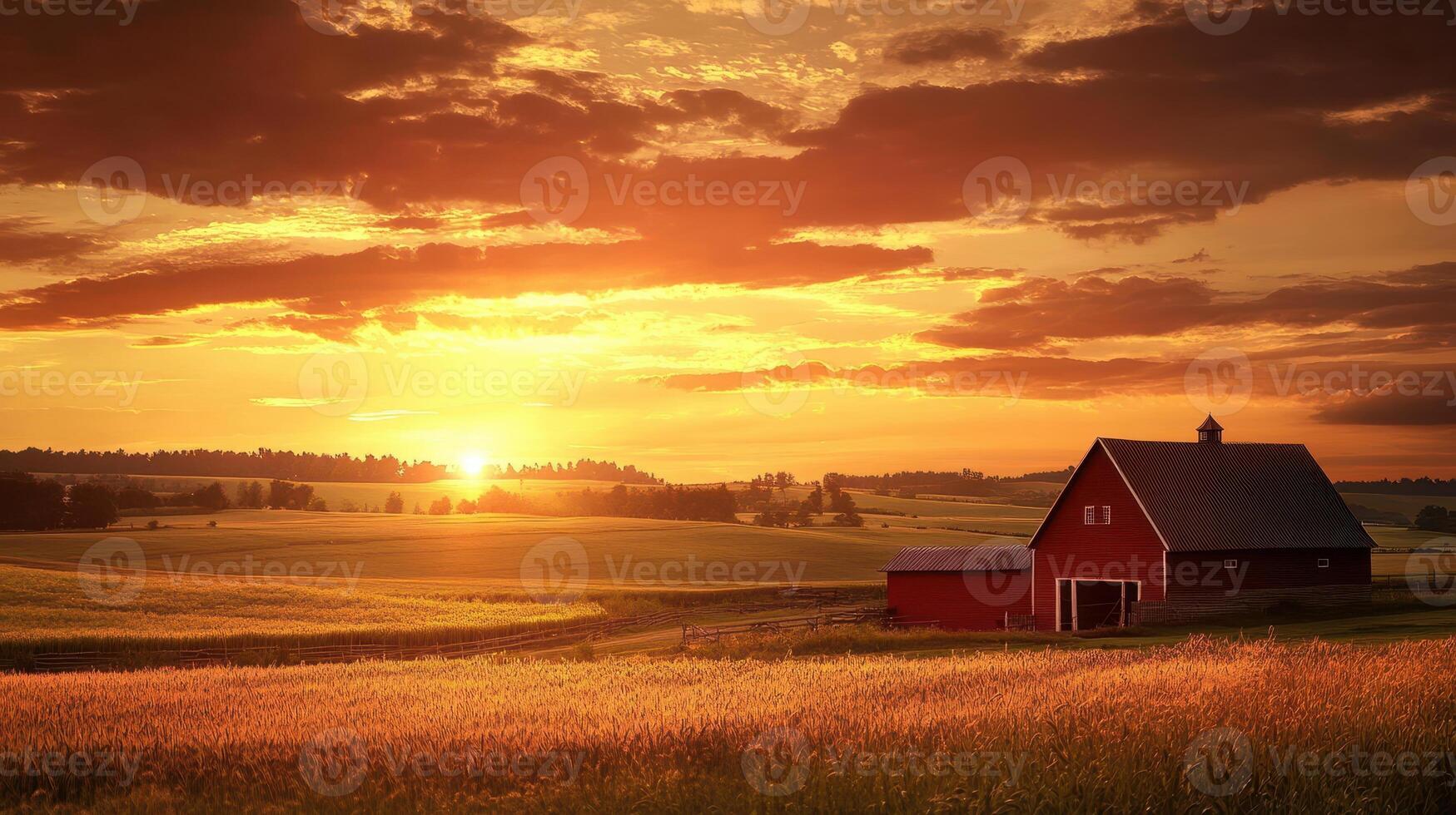 Red Barn Sunset Over Rolling Farmland Fields photo
