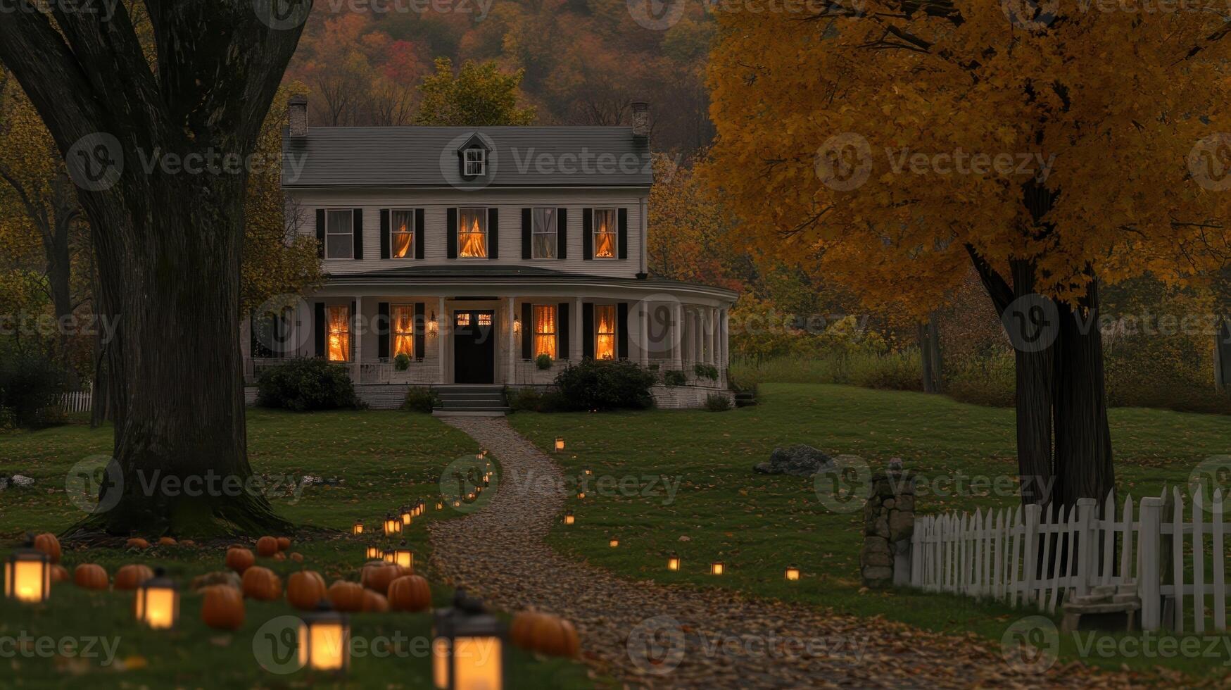 Autumnal Farmhouse Illuminated By Lanterns And Pumpkins photo