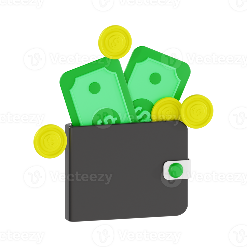 3D Wallet with Green Money and Coins png