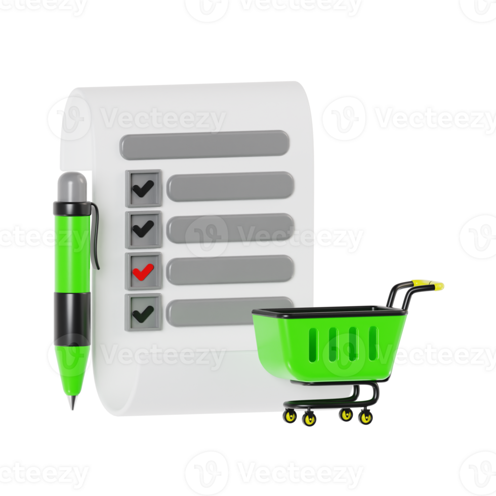 3D Checklist for Shopping with Green Cart Icon png