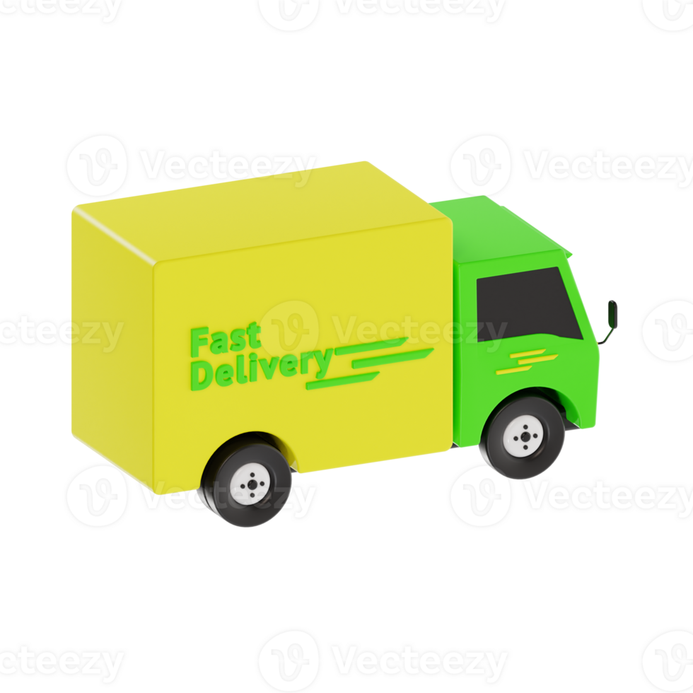 3D Green Delivery Truck with Yellow Fast Delivery Text png