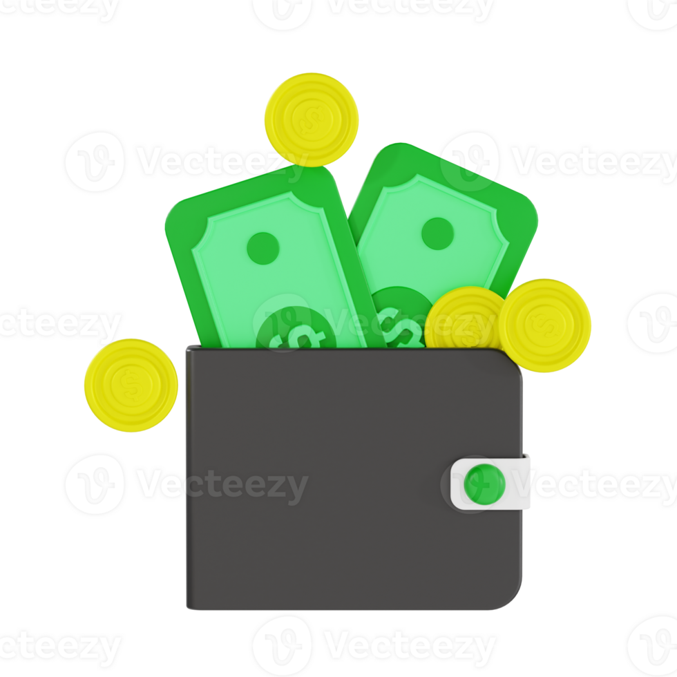 3D Money Wallet with Green Dollar Notes and Coins png