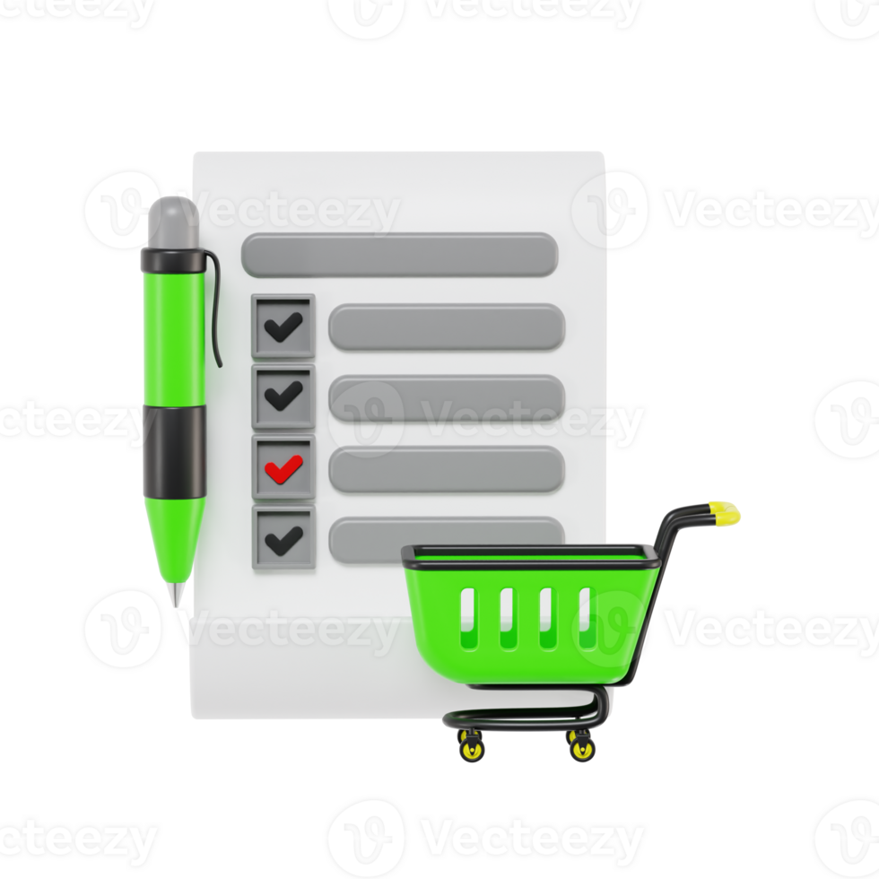 3D Shopping List with Green Pen and Cart Icon png
