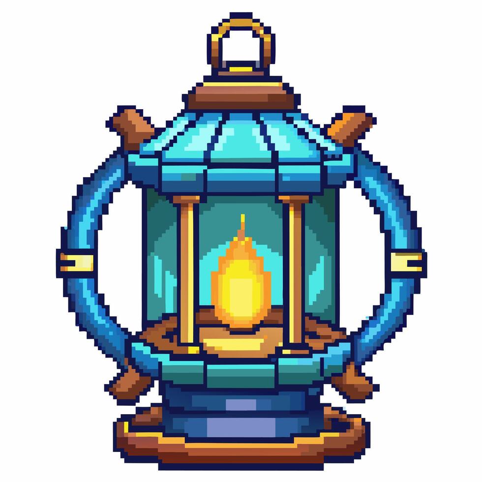 Pixel Art Lantern Illustration with Blue Frame and Bright Flame vector