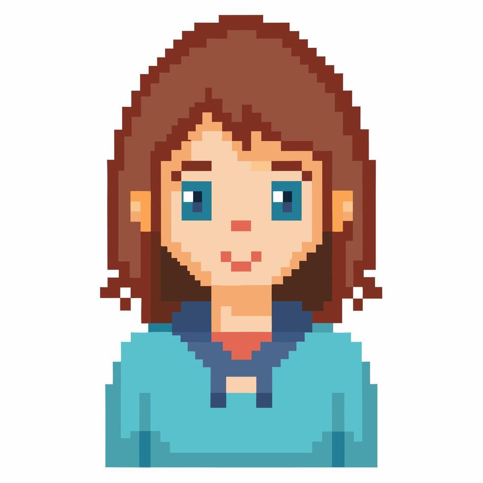 Pixel Art Character Portrait of Young Girl in Blue Hoodie with Brown Hair vector