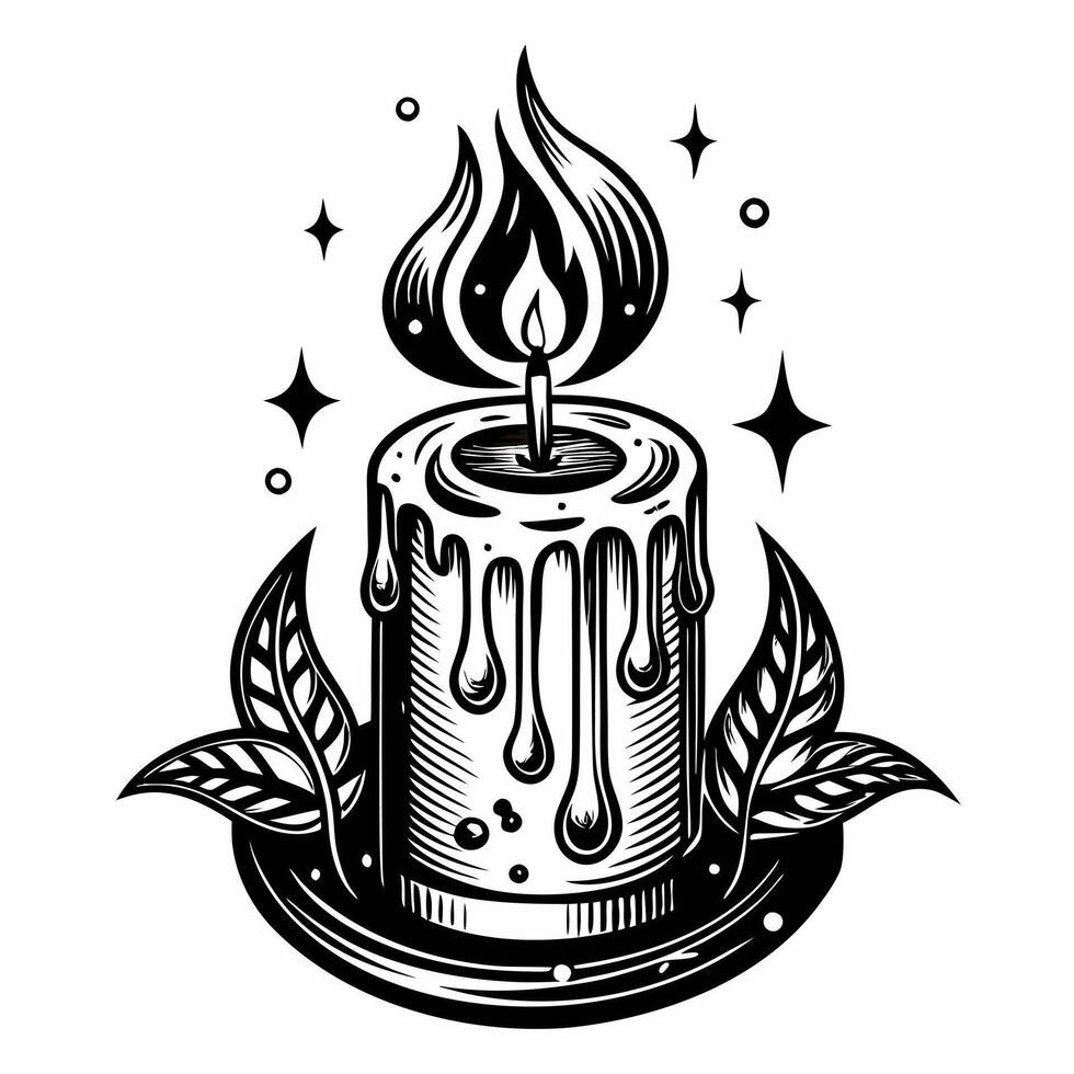 Vintage Candle with Dripping Wax and Leaves Illustration for Spiritual and Decorative Concepts vector
