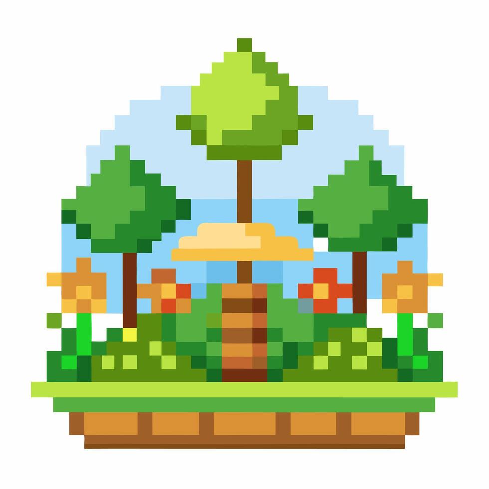 Pixel Art of Lush Green Trees and Flowers in a Sunny Garden Scene vector