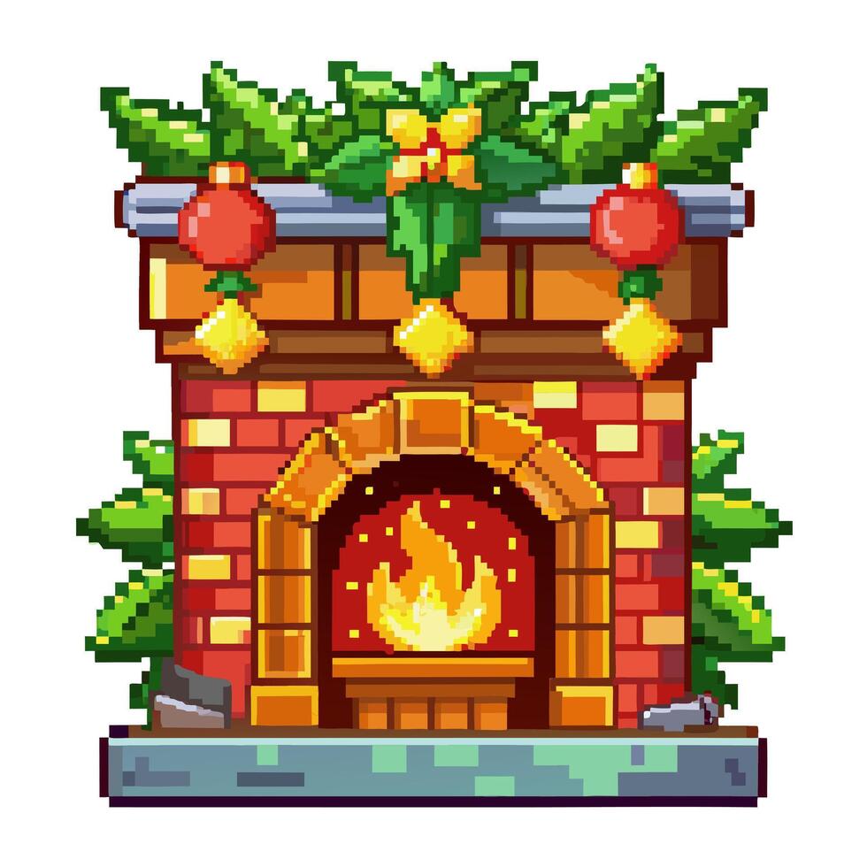 Festive Pixel Art Fireplace with Holiday Decorations vector