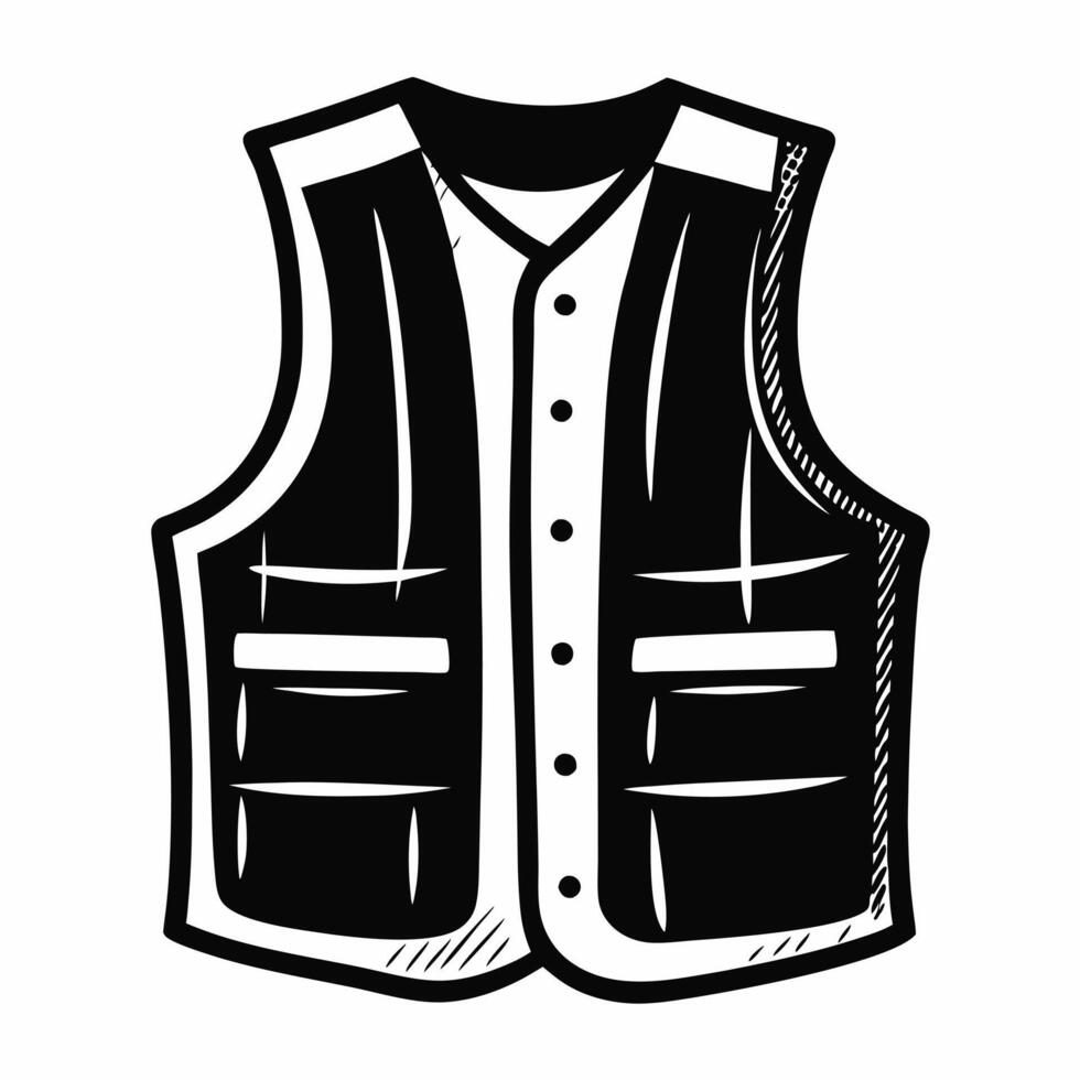 Black and White Illustration of a Sleeveless Vest with Pockets and Buttons vector