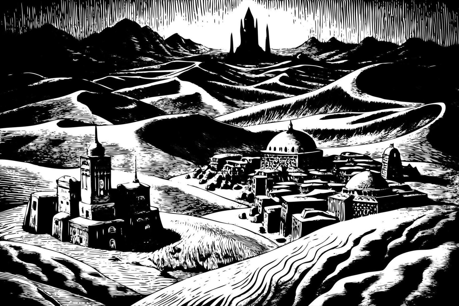 Black and White Fantasy Landscape with Ancient Architecture and Distant Mountains vector