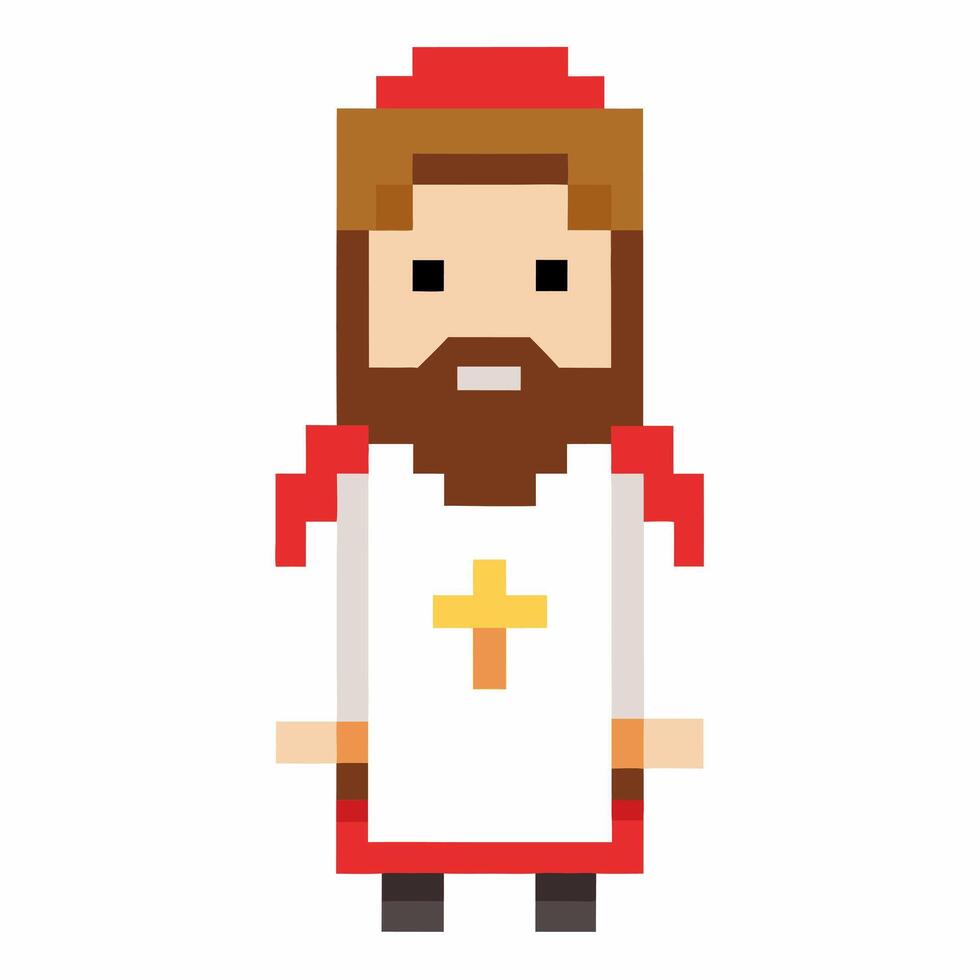 Pixel Art Priest with Cross in Red and White Attire 8 bit Retro Religious Character Illustration vector