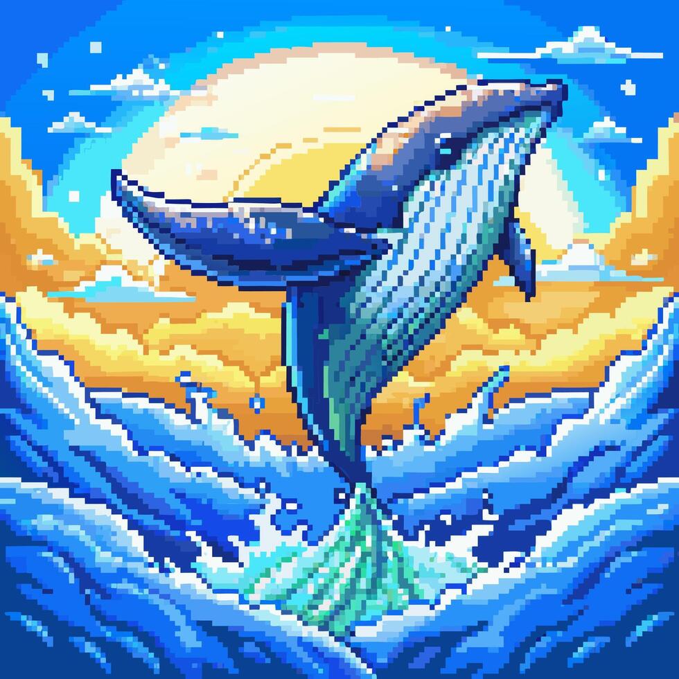 Pixel Art Whale Leaping Over Ocean Waves at Sunrise vector