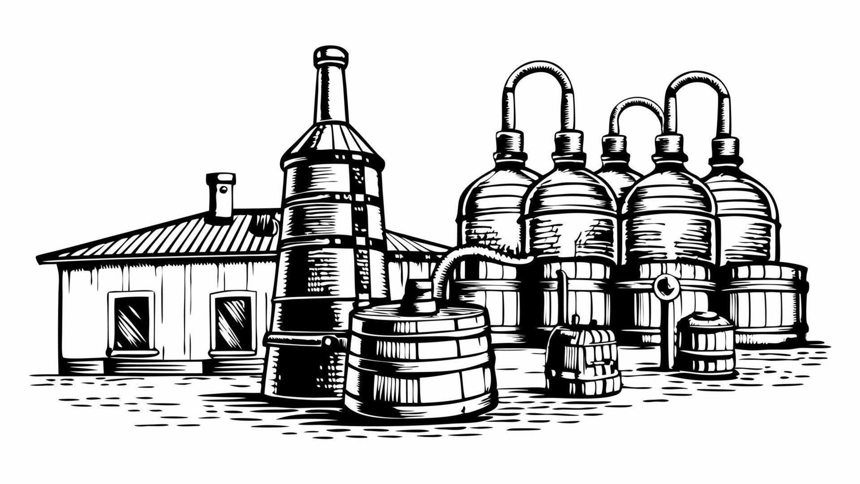 Vintage Distillery Illustration Hand Drawn Retro Winery Equipment Art vector