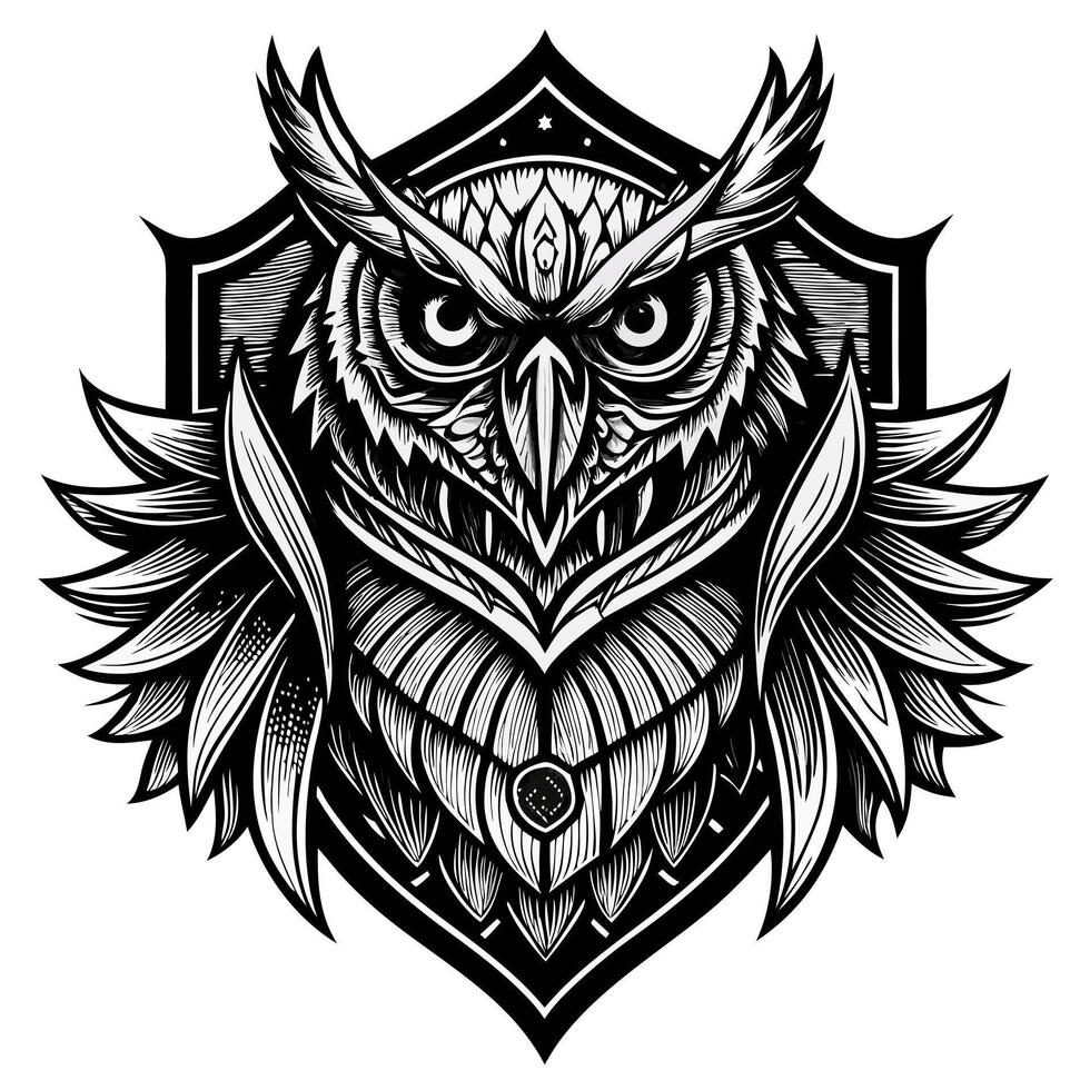 Intricate Owl Crest Design Monochrome Art with Geometric Elements vector