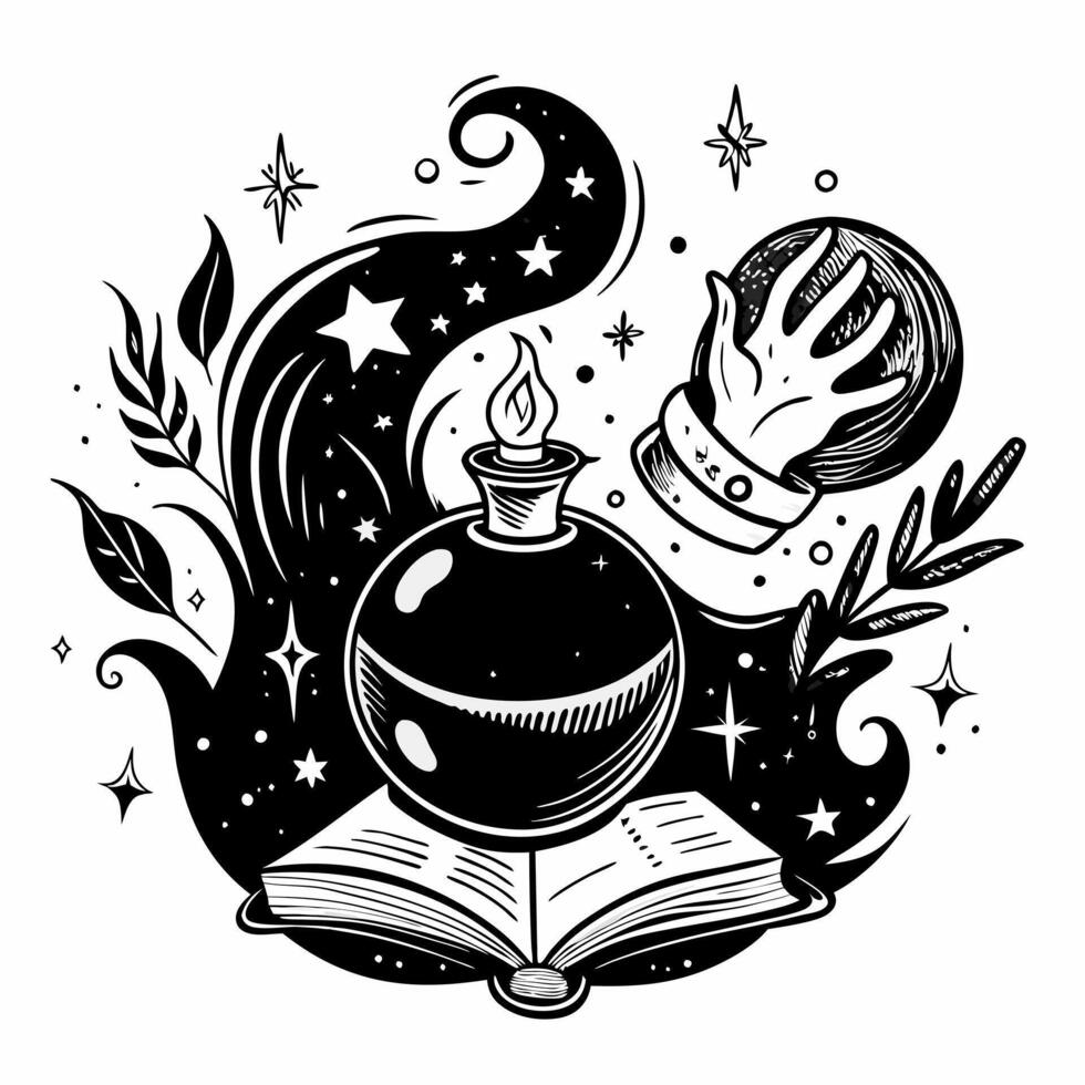 Mystical Elements Candle, Crystal Ball, Open Book, and Cosmic Stars Illustration vector