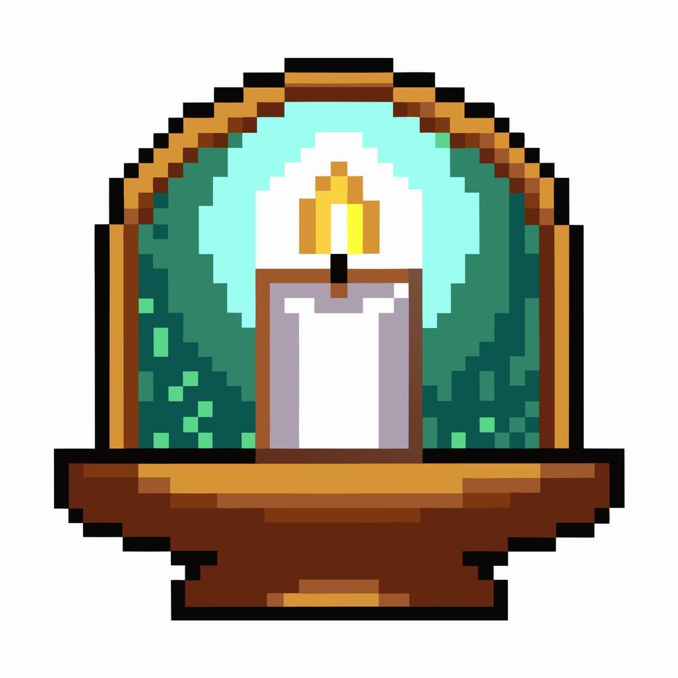 Retro Pixel Art Candle in Wooden Holder with Glowing Flame vector
