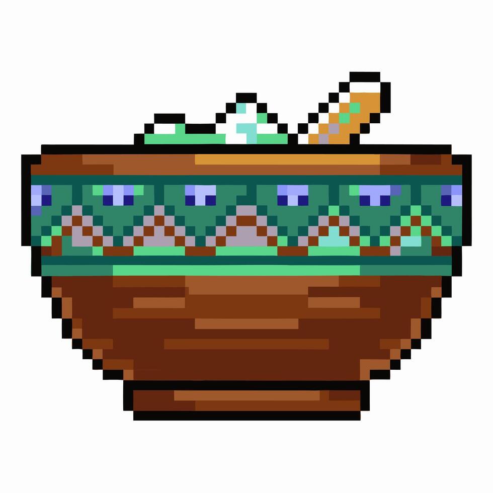 Pixel Art Bowl of Soup with Spoon in Retro Style vector
