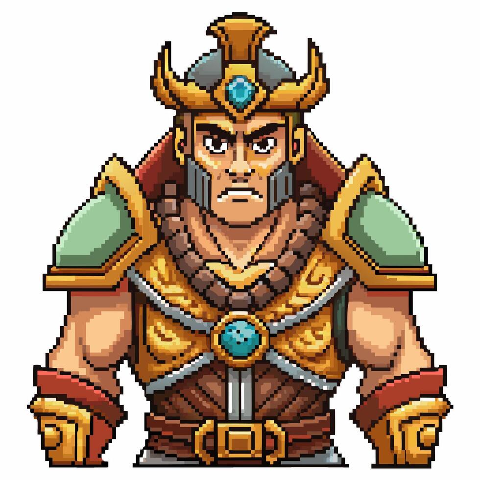 Pixel Art Medieval Warrior Character in Armor with Helmet and Chain Mail vector