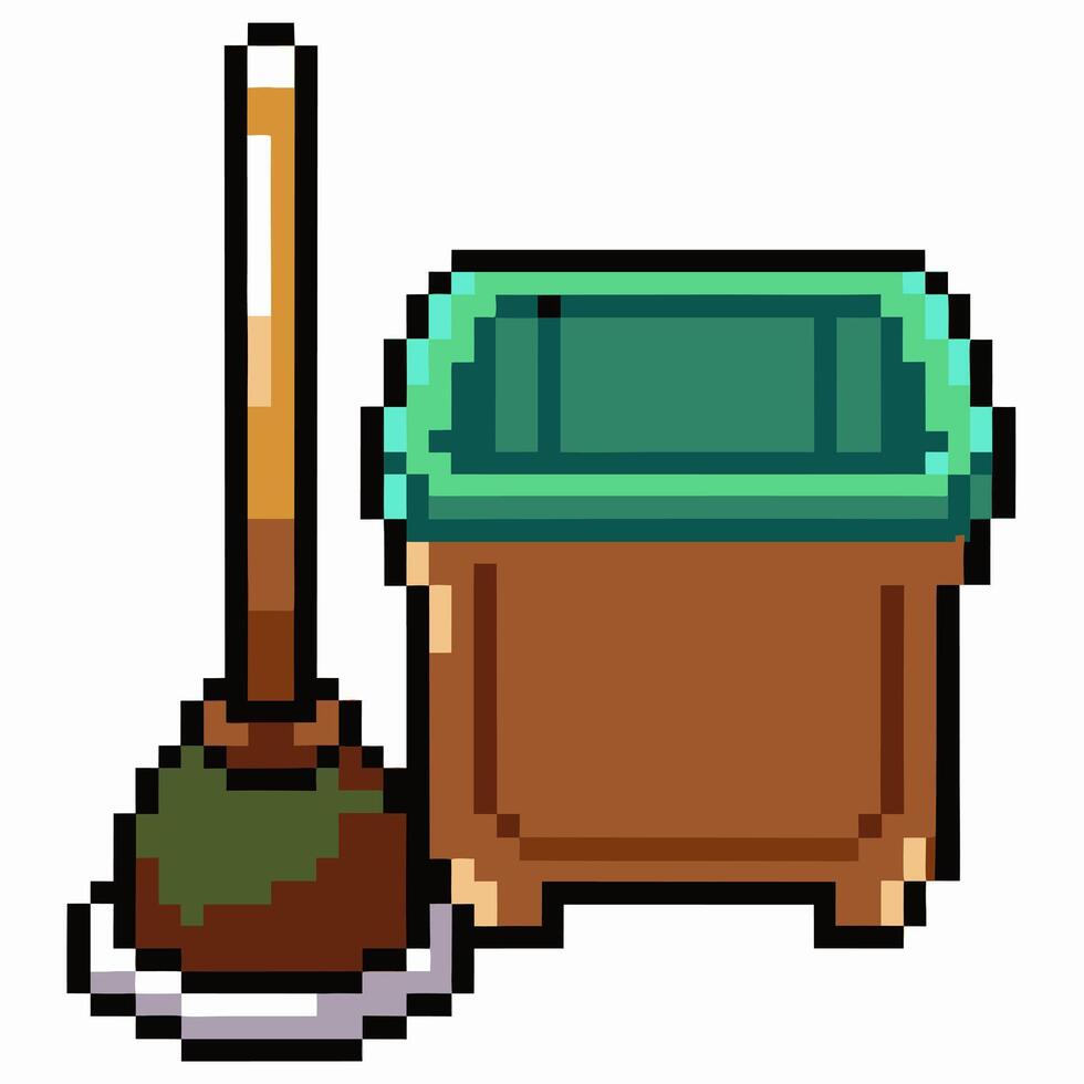 Retro Pixel Art Cleaning Tools Bucket and Plunger vector