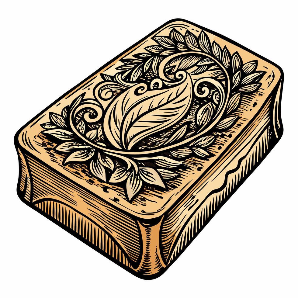 Vintage Engraved Soap Bar with Ornate Leaf and Floral Design vector