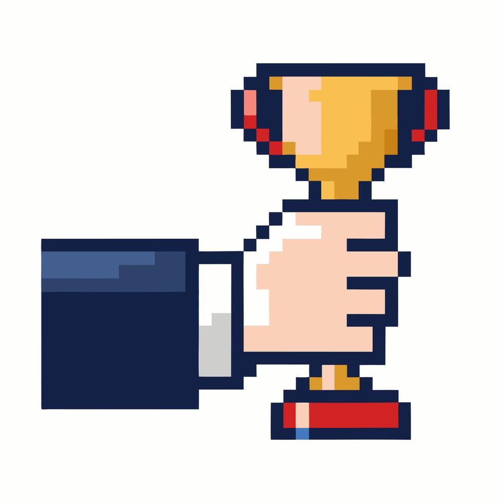 Retro Style Pixel Art Trophy Hand Gesture Illustration vector