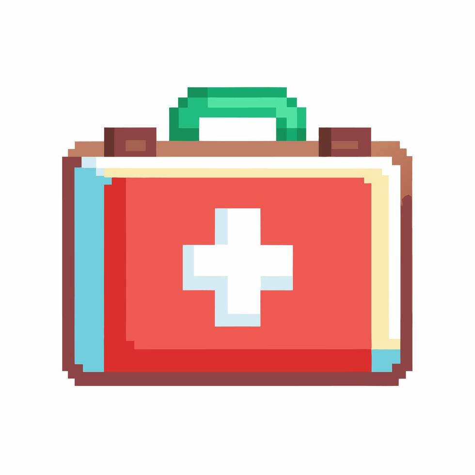 Pixel Art First Aid Kit Icon with Cross Symbol in Retro Style vector