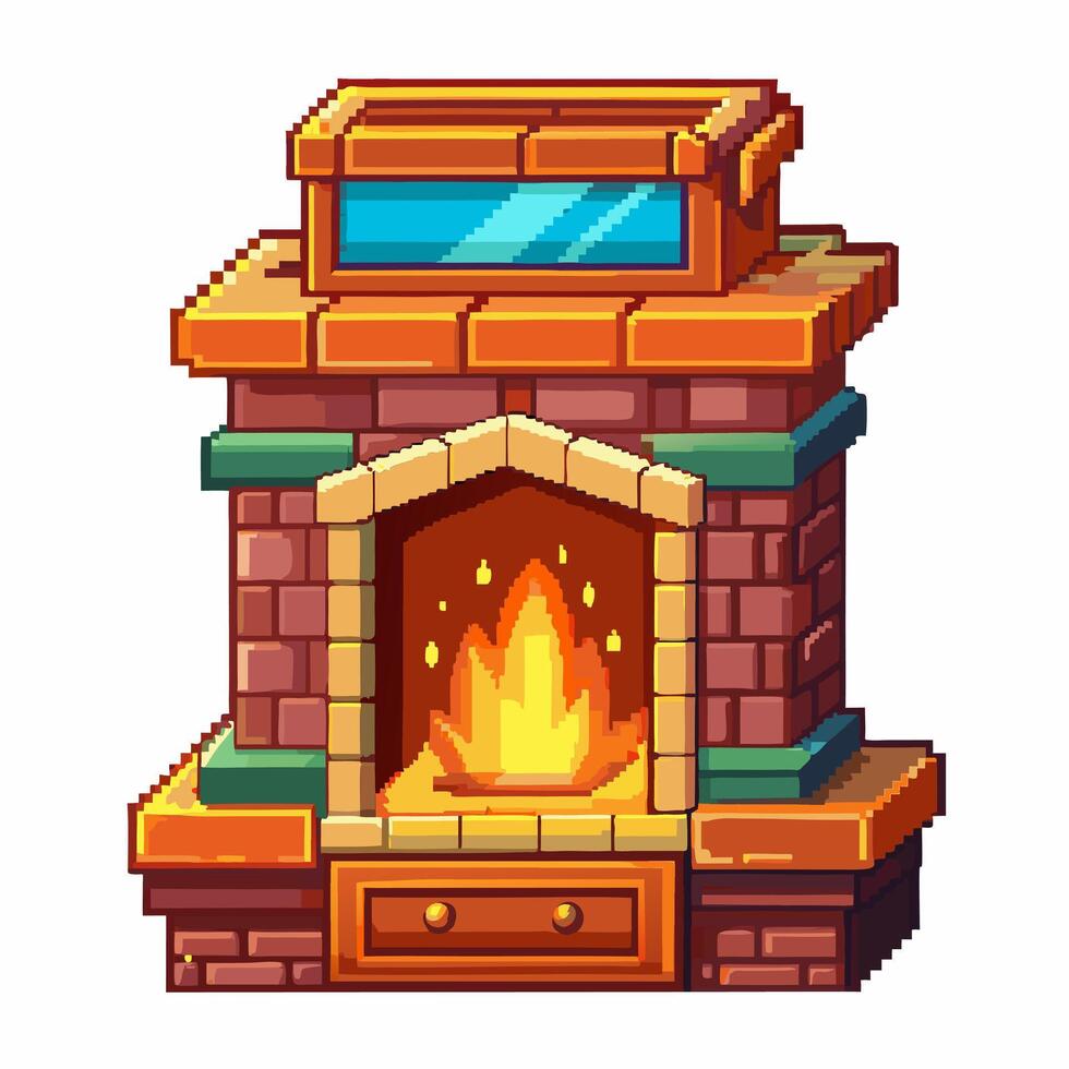 Pixel Art Fireplace Illustration with Cozy Flame and Rustic Design vector