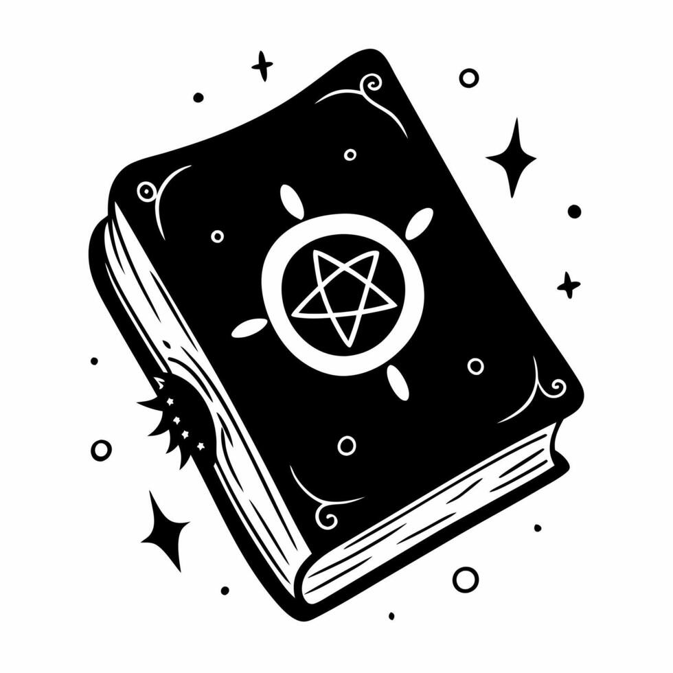 Mystical Spellbook with Pentagram Emblem and Cosmic Elements vector