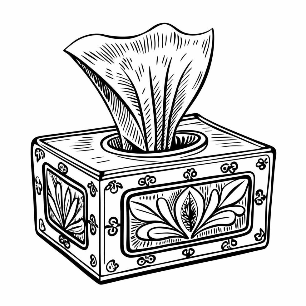 Ornate Tissue Box Sketch in Black and White Illustration vector